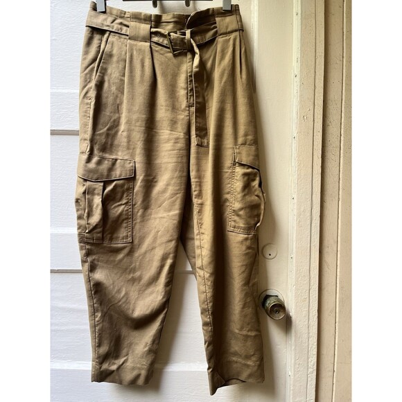 Banana Republich High Rise Khaki Paper Bag Waist Belted Cargo Pants Sz 8 Petite - Picture 1 of 9